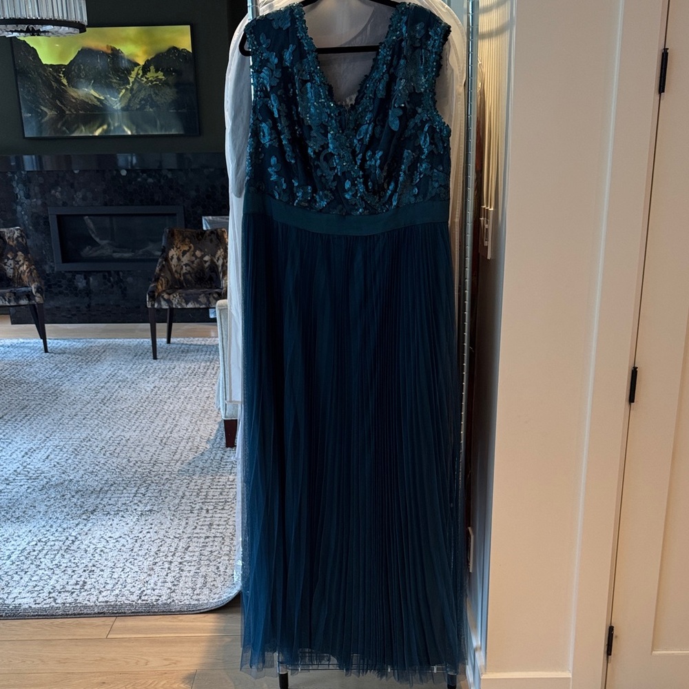 Adrianna Papell Teal Embroidered V-Neck Maxi Dress